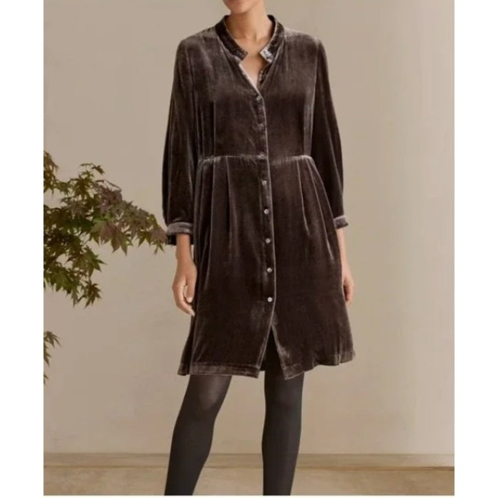 Poetry Velvet Shirt Dress Silk Blend Button Front Gray US 12 UK 16 Dark Academia